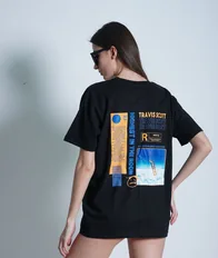 Model in a graphic print t-shirt